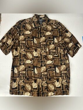 Liz Claiborne Crazy Horse Brown and Cream Abstract Leaf Button-Down Shirt